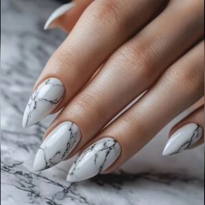 24pcs of Medium-Length Almond-Shaped Gray Marble Floral Gradient Design Nails